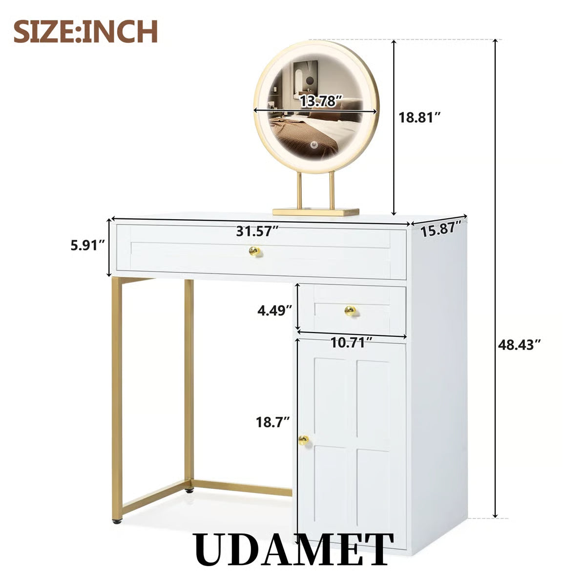 Stylish 31.5" White & Gold Makeup Vanity Desk with LED Mirror, 2 Drawers & Adjustable Shelf-OUCH CART |Dressing table