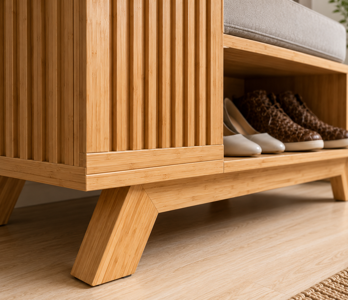 Modern Bamboo Shoe Storage Bench with Sliding Door | Entryway Shoe Organizer Cabinet with Cushioned Seat