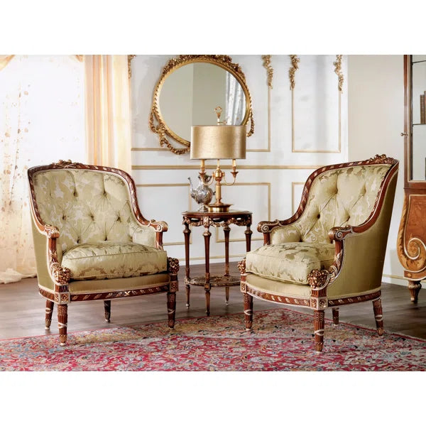 Designer European Handcrafted Armchair with Cream Fabric and Gold Leaf Cherry Wood Frame