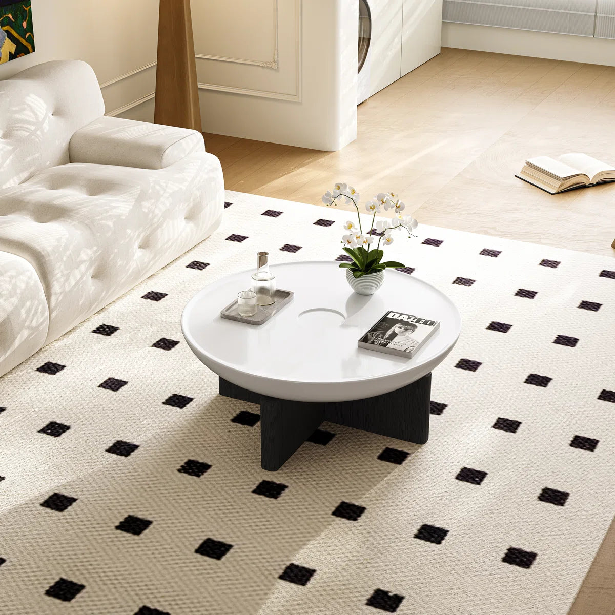35.4" Round Coffee Table Morden Wood Coffee Table, White Top & Black Leg Coffee Table-OUCH CART | Centerr table