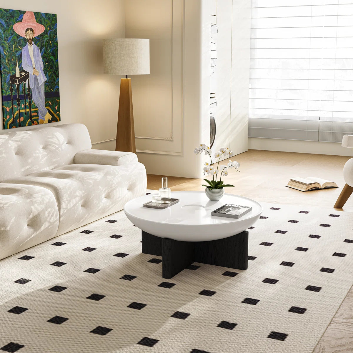 35.4" Round Coffee Table Morden Wood Coffee Table, White Top & Black Leg Coffee Table