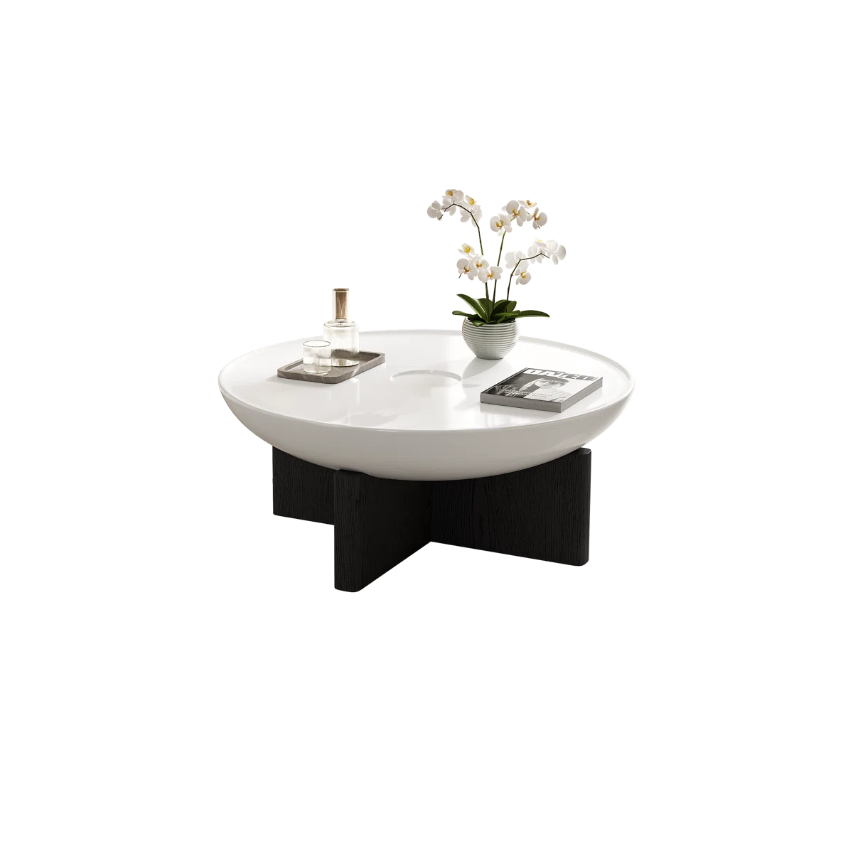 35.4" Round Coffee Table Morden Wood Coffee Table, White Top & Black Leg Coffee Table
