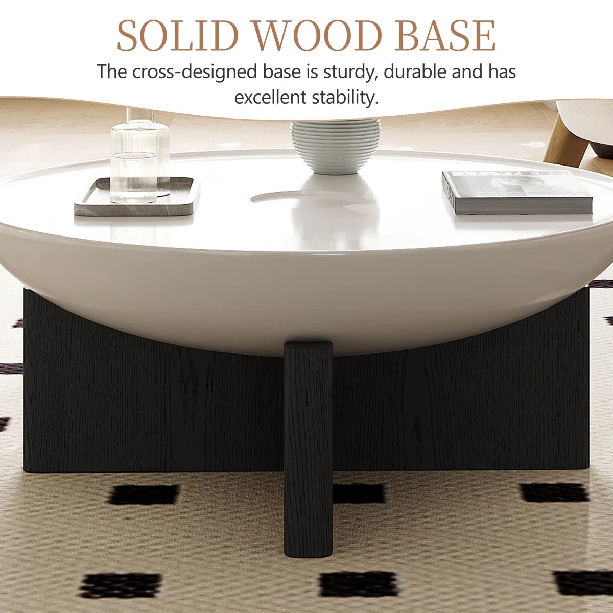 35.4" Round Coffee Table Morden Wood Coffee Table, White Top & Black Leg Coffee Table
