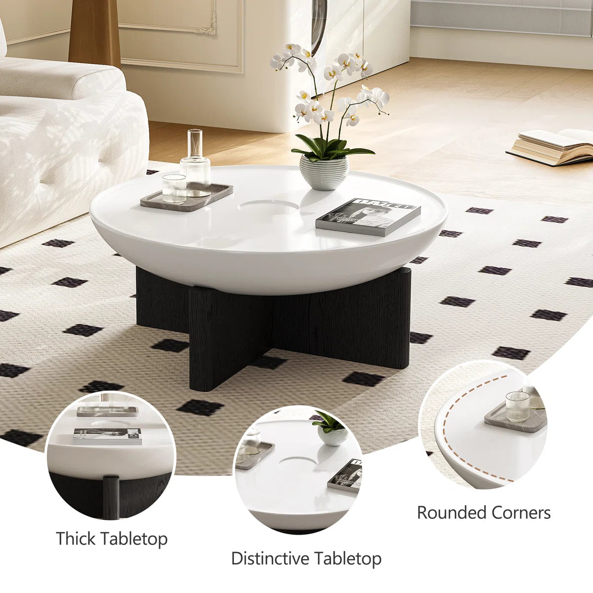 35.4" Round Coffee Table Morden Wood Coffee Table, White Top & Black Leg Coffee Table
