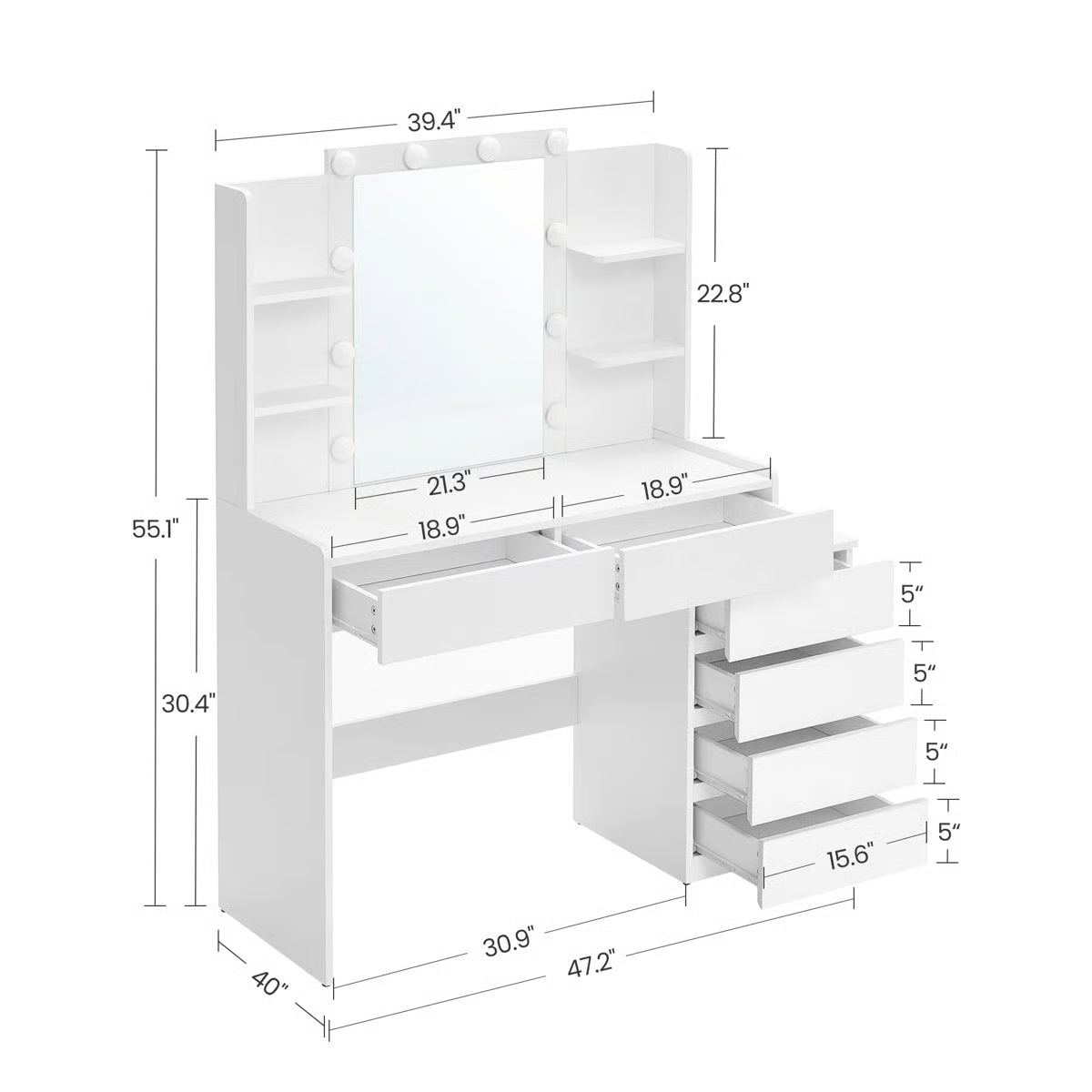 Modern Bedroom Vanity Desk 39.4'' Wide with LED Mirror and 6 Drawers