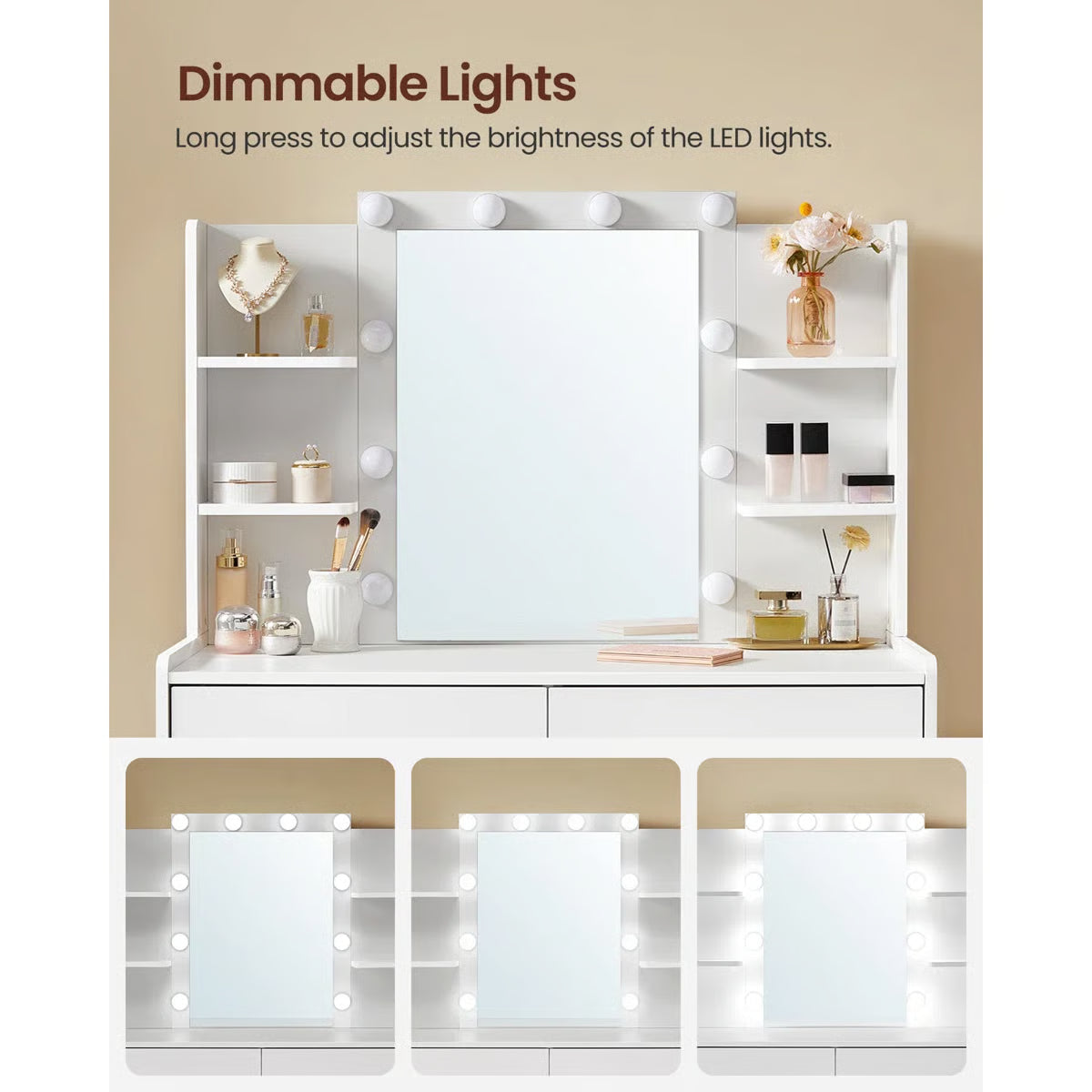 Modern Bedroom Vanity Desk 39.4'' Wide with LED Mirror and 6 Drawers