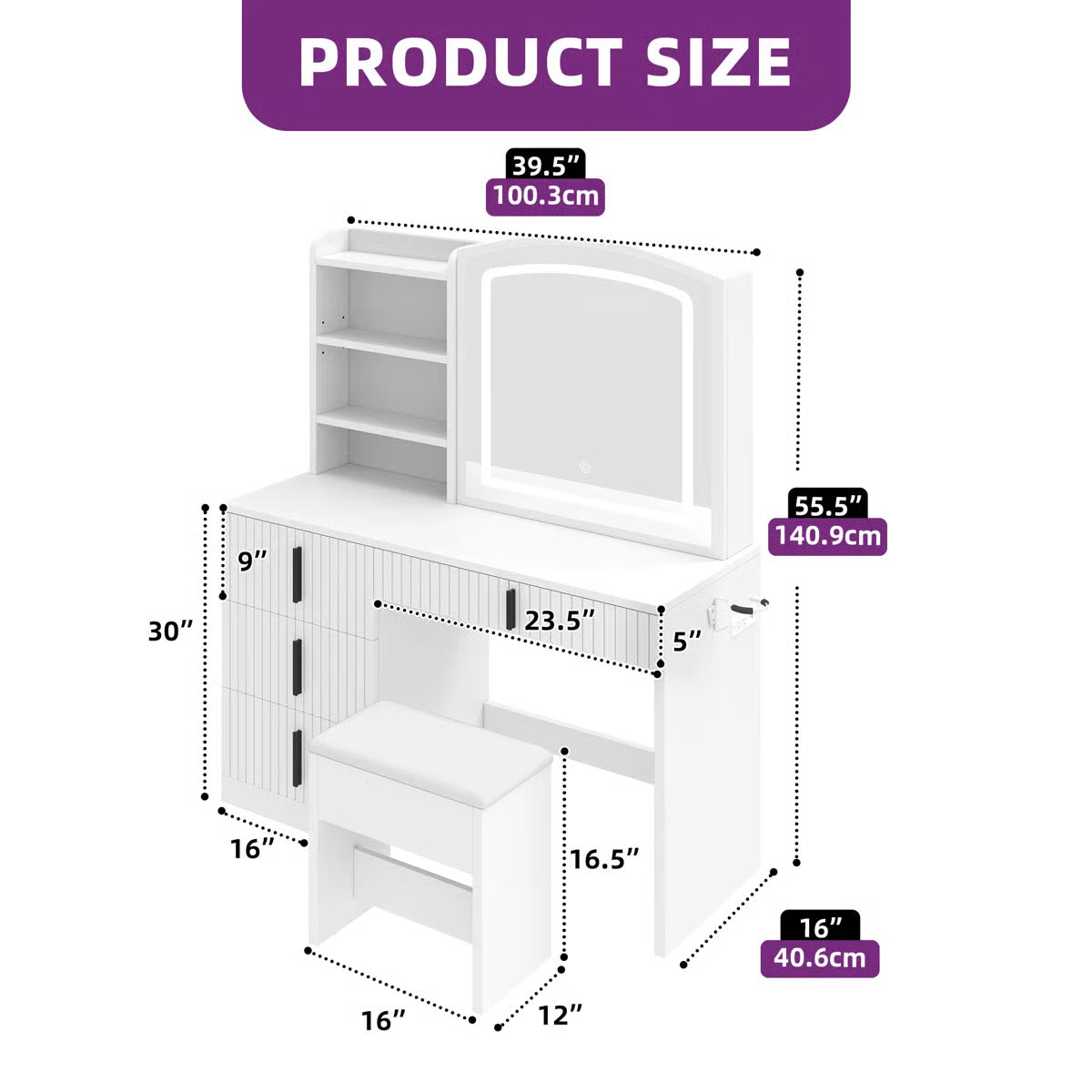 39.5" Fluted Vanity Desk – Makeup Table with Mirror & Storage Cushion Stool Set