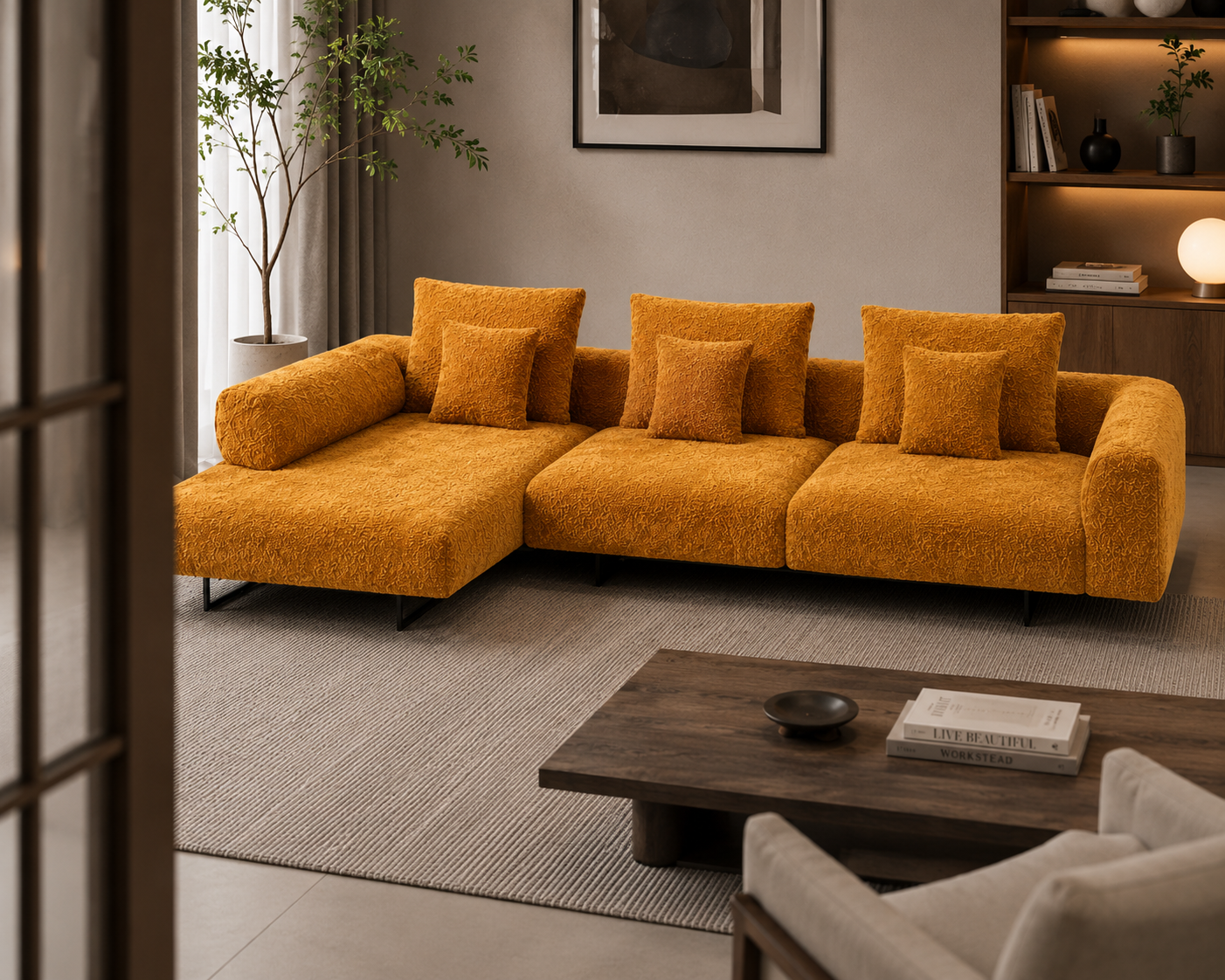 Modern Mustard Bouclé Sectional Sofa | Luxury Modular Fabric Sofa with Metal Legs | Contemporary Living Room Couch OUCH CART