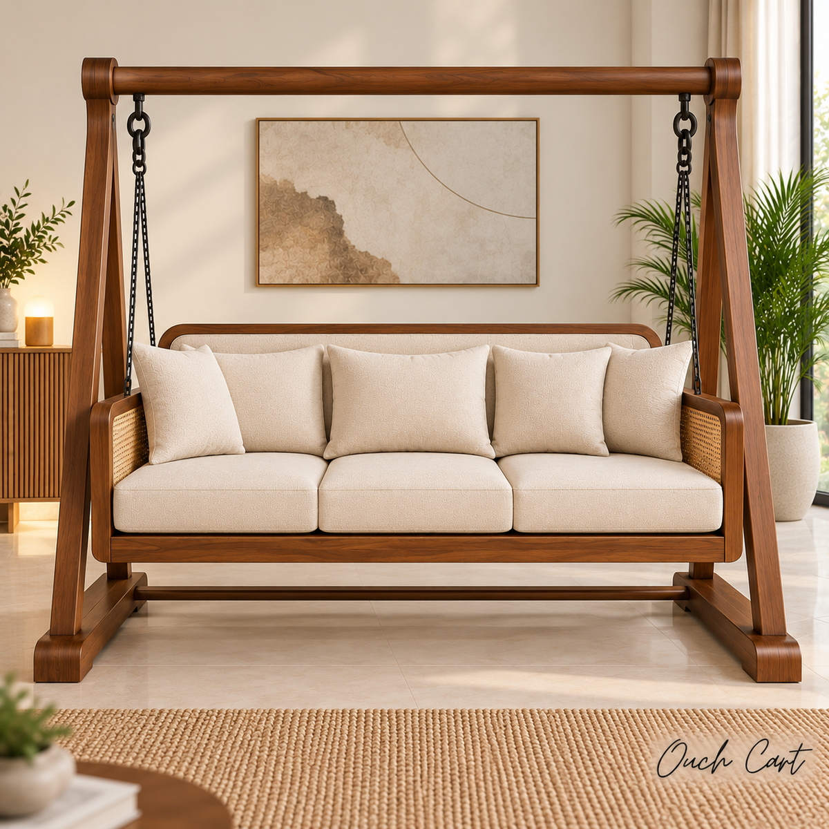 3 Seater Wooden Swing Sofa with Stand | Solid Wood Hanging Jhula with Cushioned Seat, Cane Side Panels & Metal Chains for Living Room