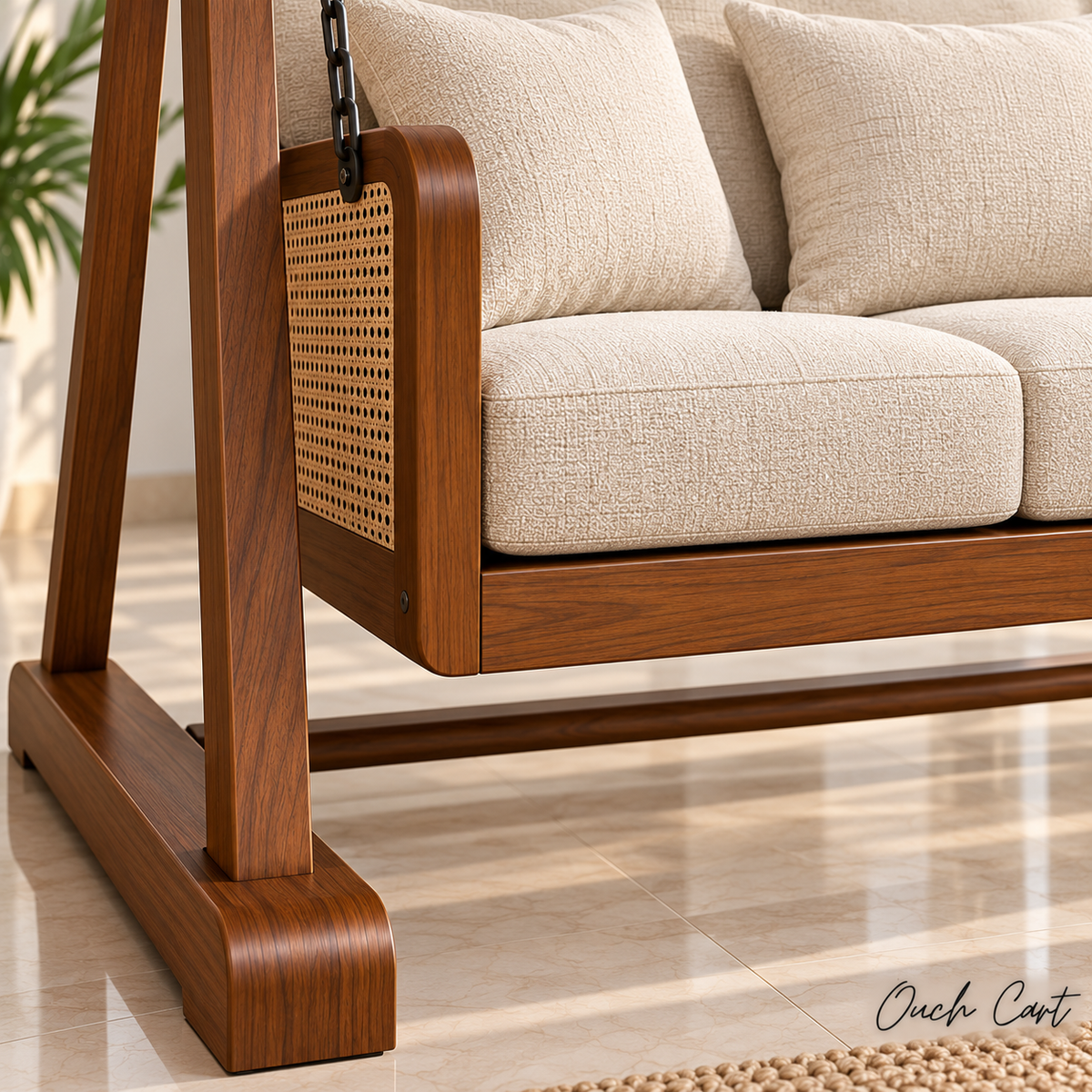 3 Seater Wooden Swing Sofa with Stand | Solid Wood Hanging Jhula with Cushioned Seat, Cane Side Panels & Metal Chains for Living Room OUCH CART