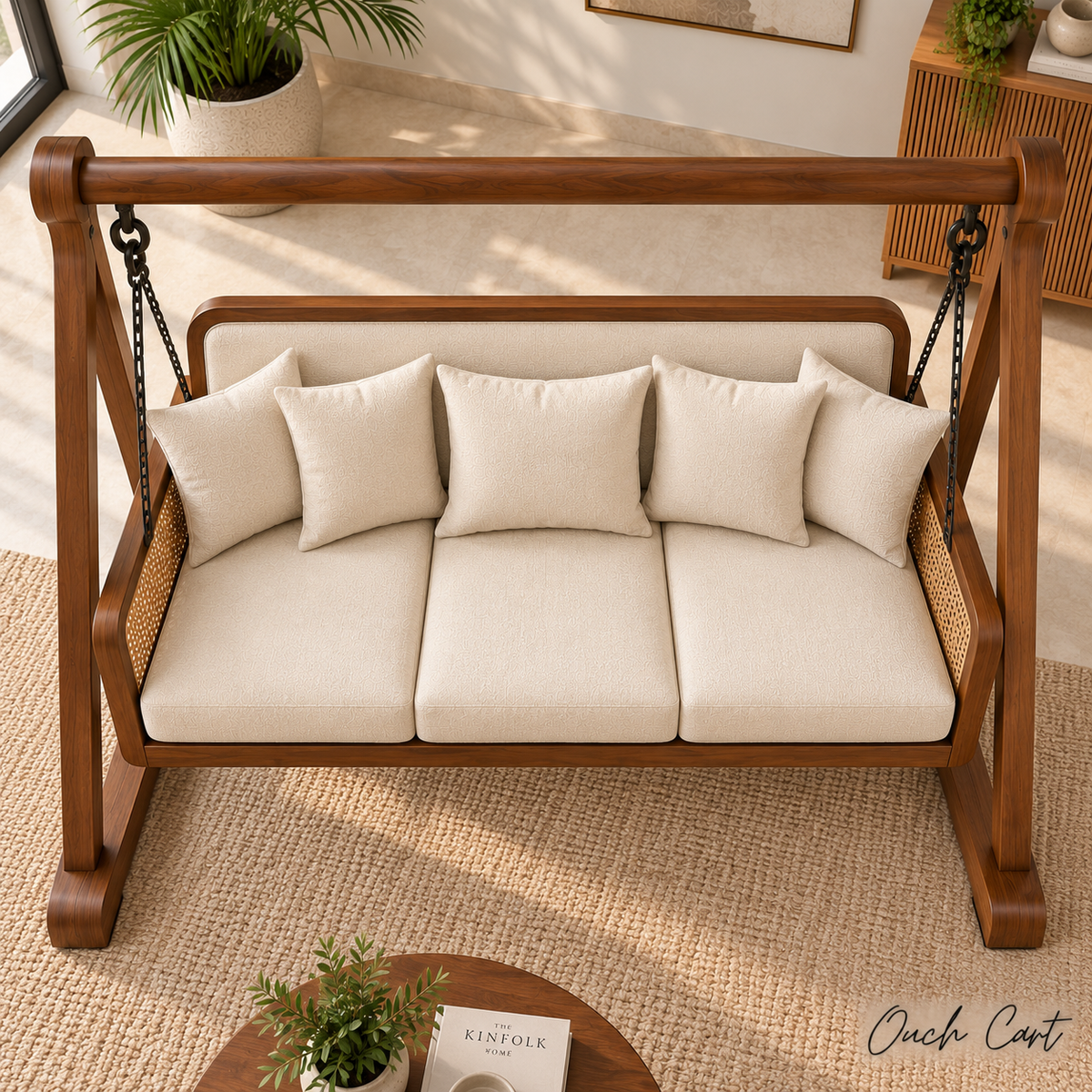 3 Seater Wooden Swing Sofa with Stand | Solid Wood Hanging Jhula with Cushioned Seat, Cane Side Panels & Metal Chains for Living Room OUCH CART