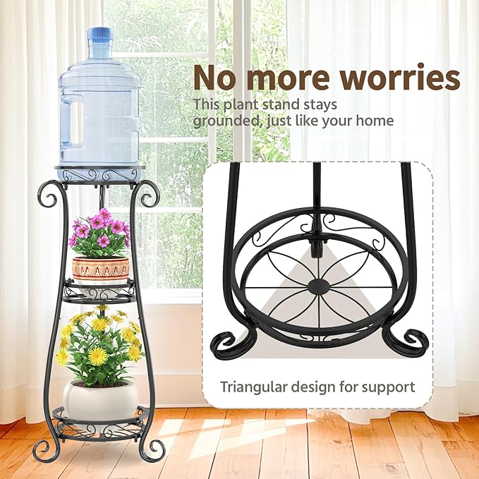 Ouch Cart 3 Tier Black Metal Plant Stand for Multiple Large Planters Indoor Outdoor Organizer, Heavy Duty Tall Flower Stand for Corner Patio Bathroom Office, Modern Sturdy Vertical Iron Rack