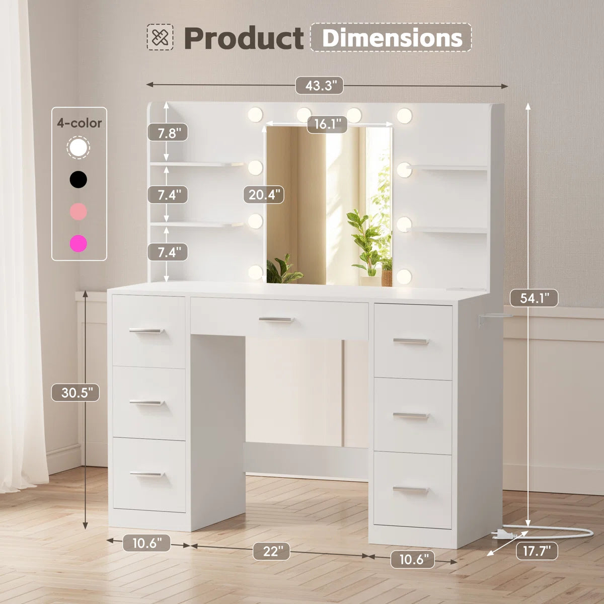 Ragin Vanity Desk with 3-Mode LED Mirror Lights and Built-In USB Charging Station-OUCH CART | dressing table