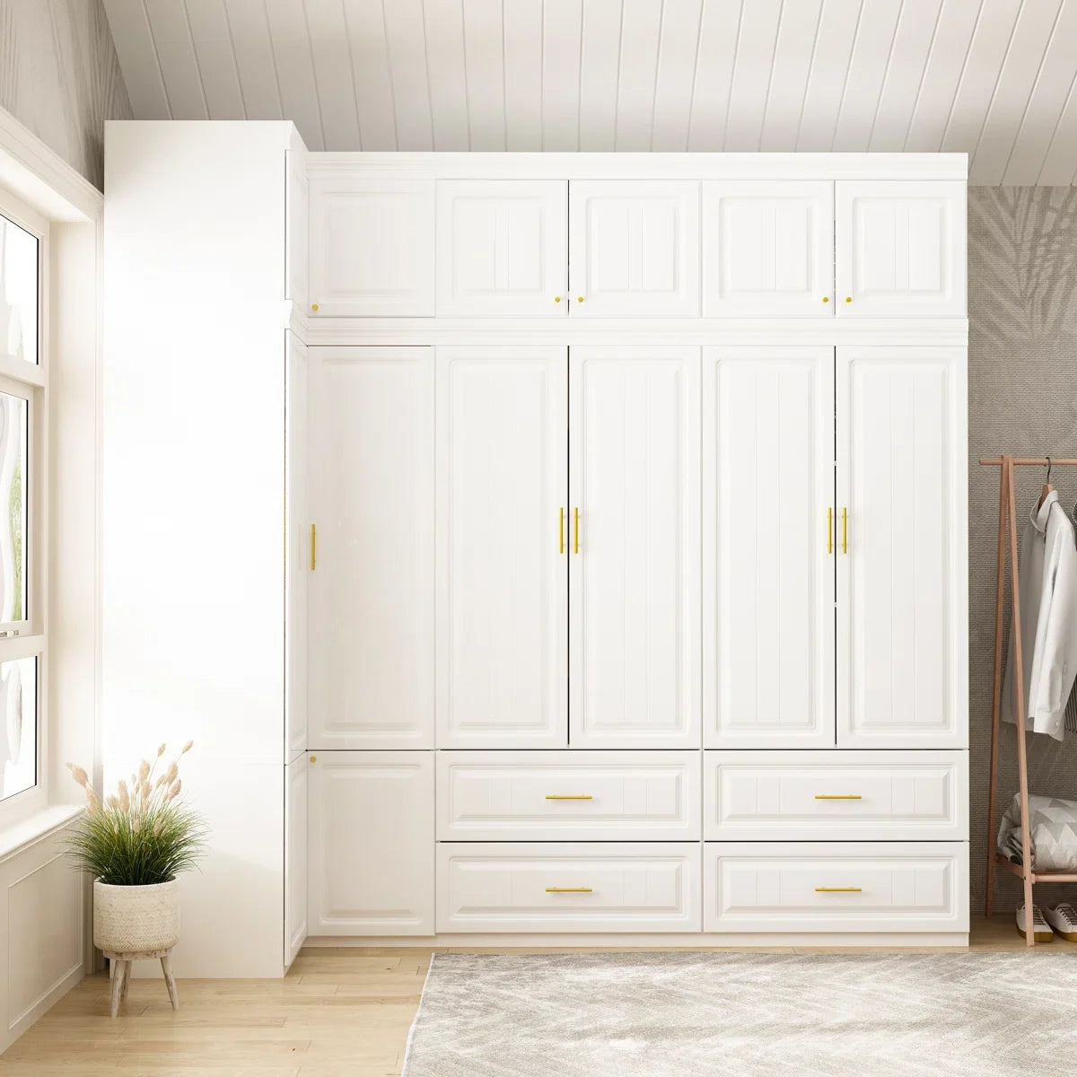 Contemporary Wardrobe Set with Top Storage Cabinet – Space-Saving Closet