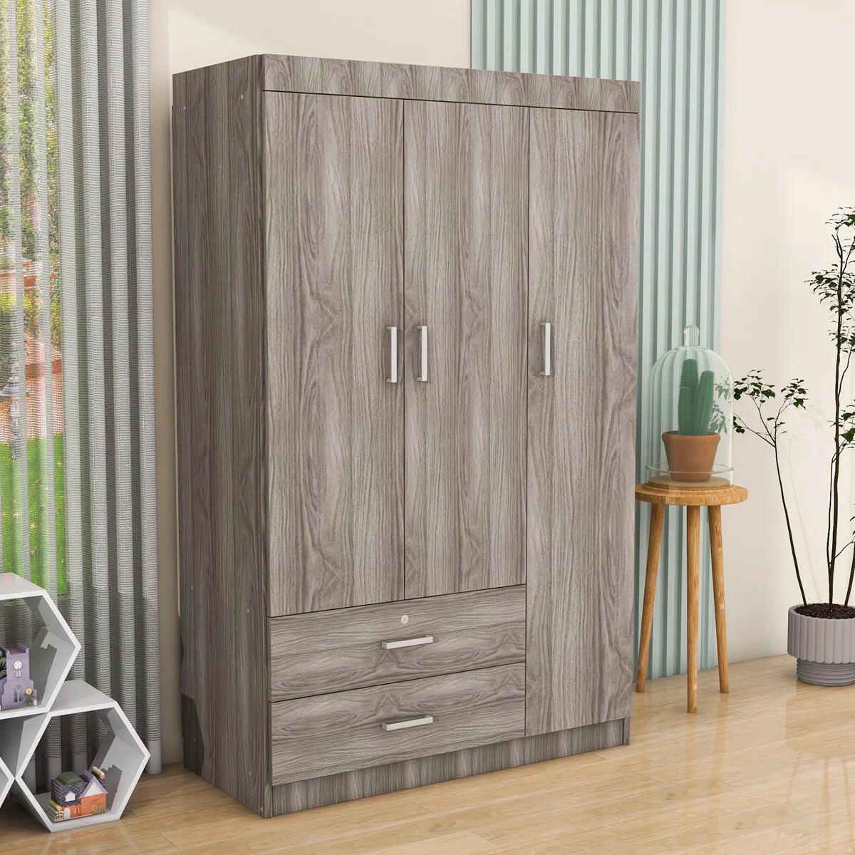 Carene Wooden Wardrobe with 3 Doors, 2 Drawers & Adjustable Shelves – Bedroom Storage Cabinet