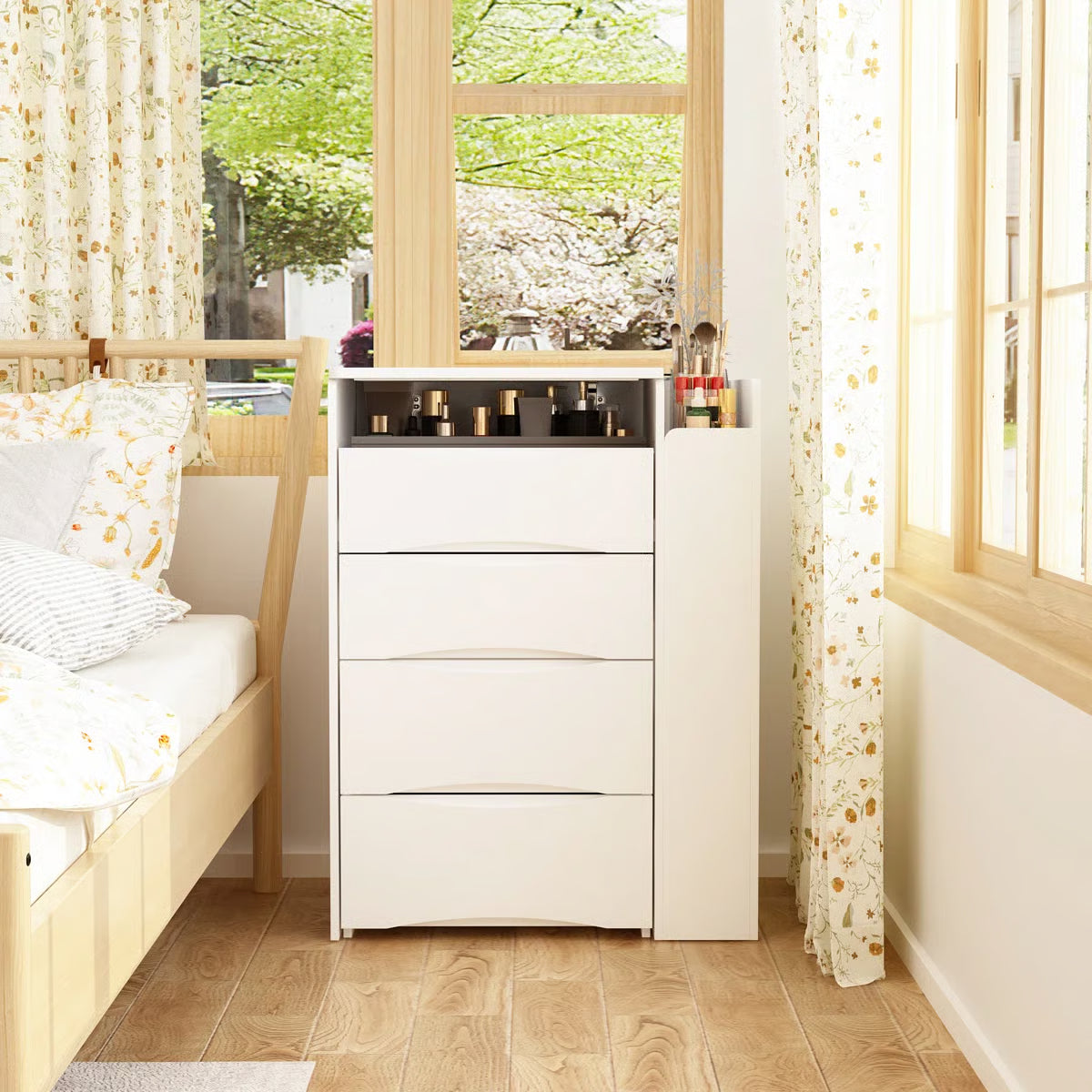 Space-Saving 3-in-1 Vanity Table – Flip Top Mirror and Side Cabinet Organizer-OUCH CART |Dressing table