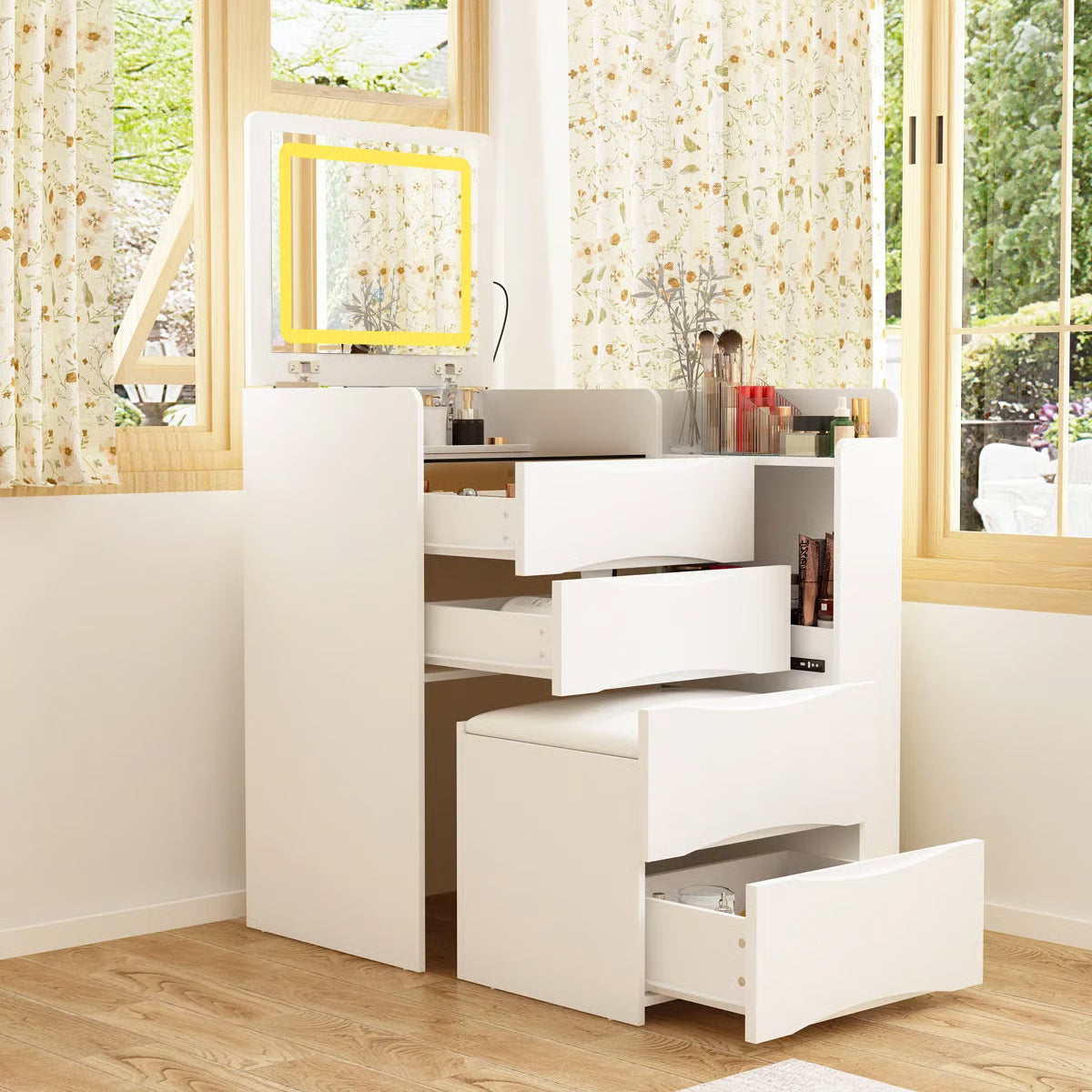 Space-Saving 3-in-1 Vanity Table – Flip Top Mirror and Side Cabinet Organizer-OUCH CART |Dressing table