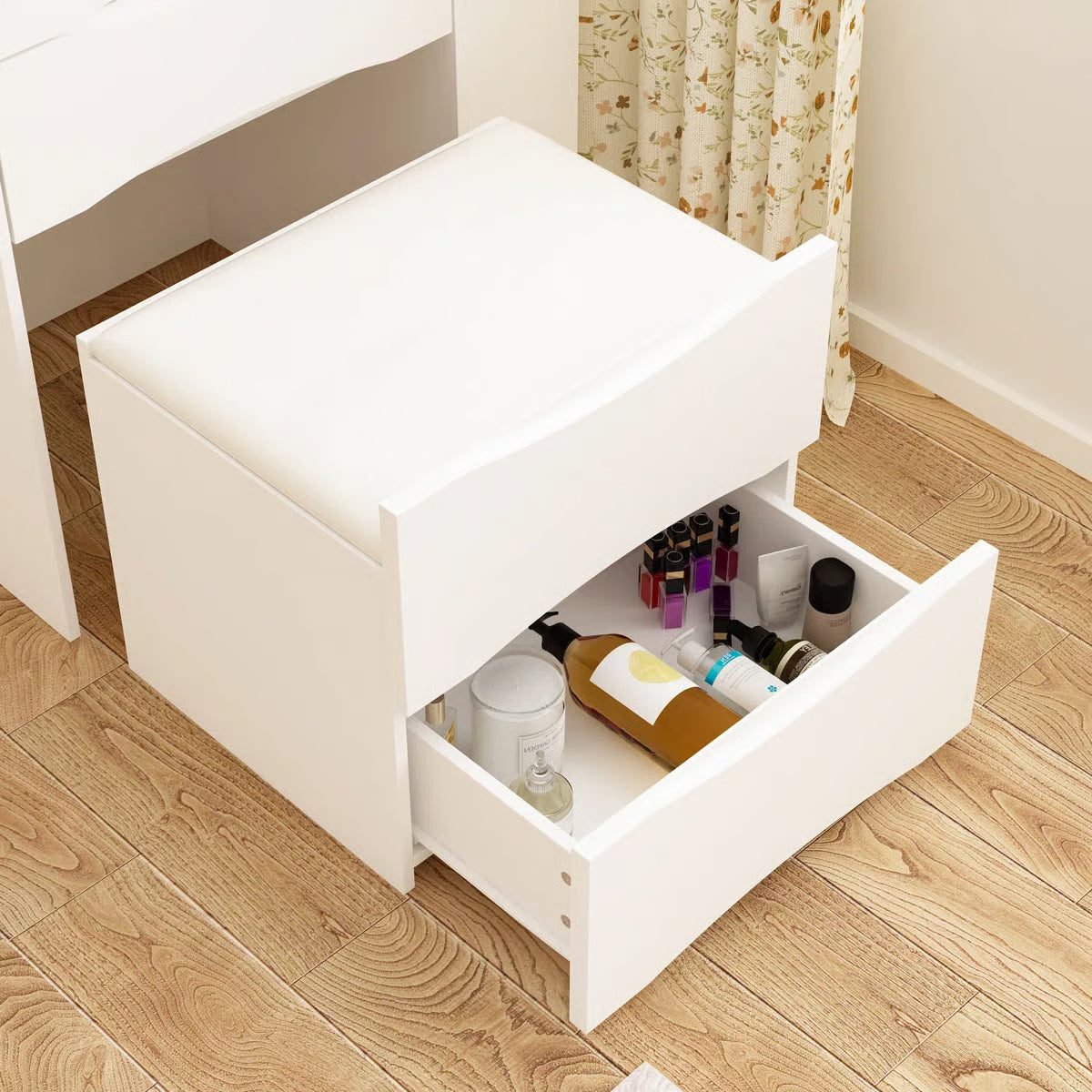 Space-Saving 3-in-1 Vanity Table – Flip Top Mirror and Side Cabinet Organizer