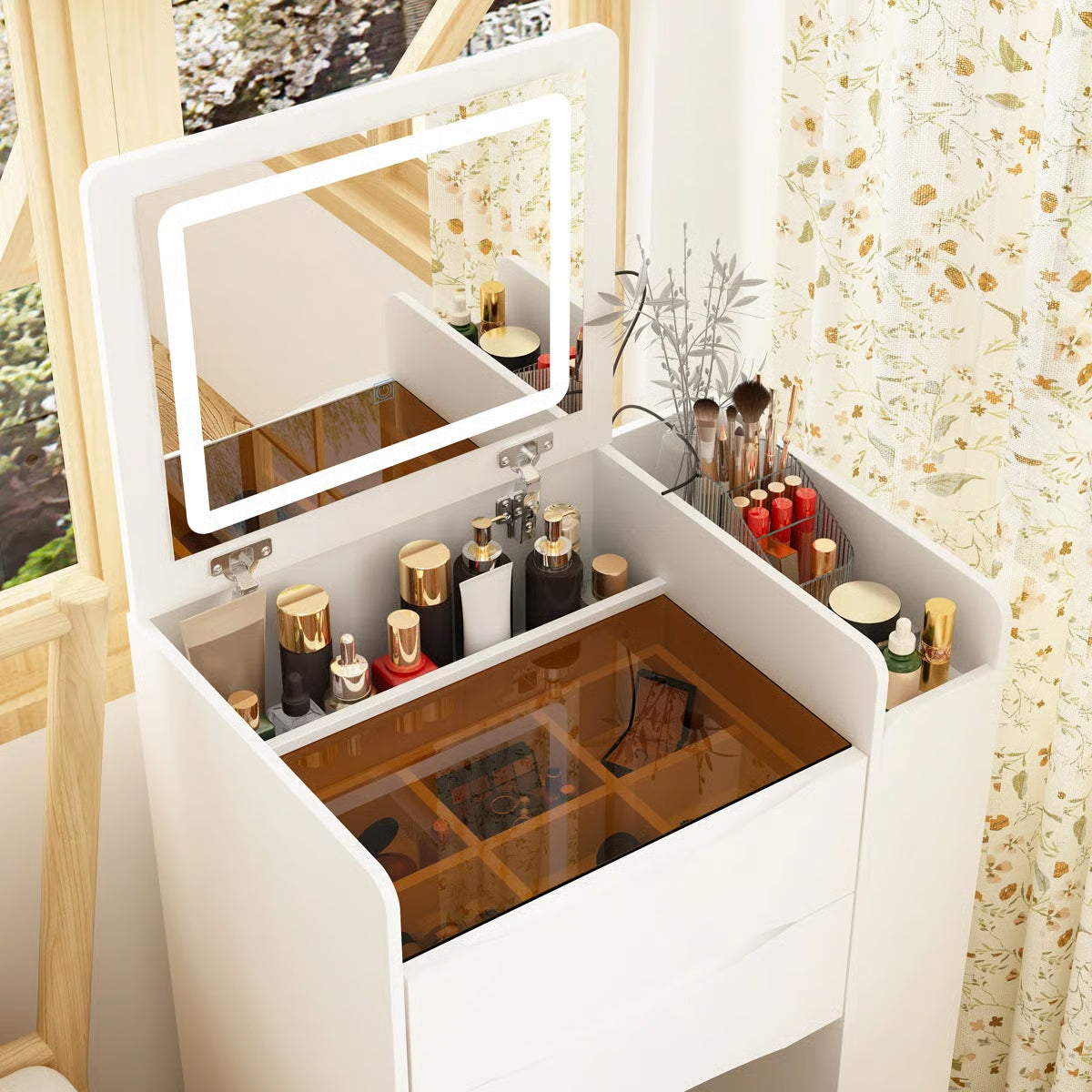 Space-Saving 3-in-1 Vanity Table – Flip Top Mirror and Side Cabinet Organizer
