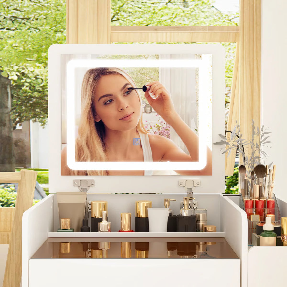 Space-Saving 3-in-1 Vanity Table – Flip Top Mirror and Side Cabinet Organizer-OUCH CART |Dressing table