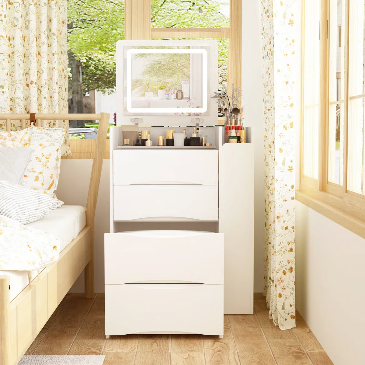 Space-Saving 3-in-1 Vanity Table – Flip Top Mirror and Side Cabinet Organizer