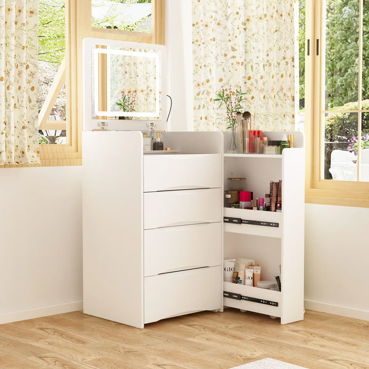 Space-Saving 3-in-1 Vanity Table โ Flip Top Mirror and Side Cabinet Organizer-OUCH CART |Dressing table