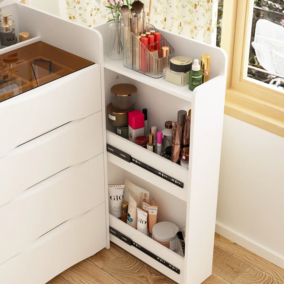 Space-Saving 3-in-1 Vanity Table – Flip Top Mirror and Side Cabinet Organizer