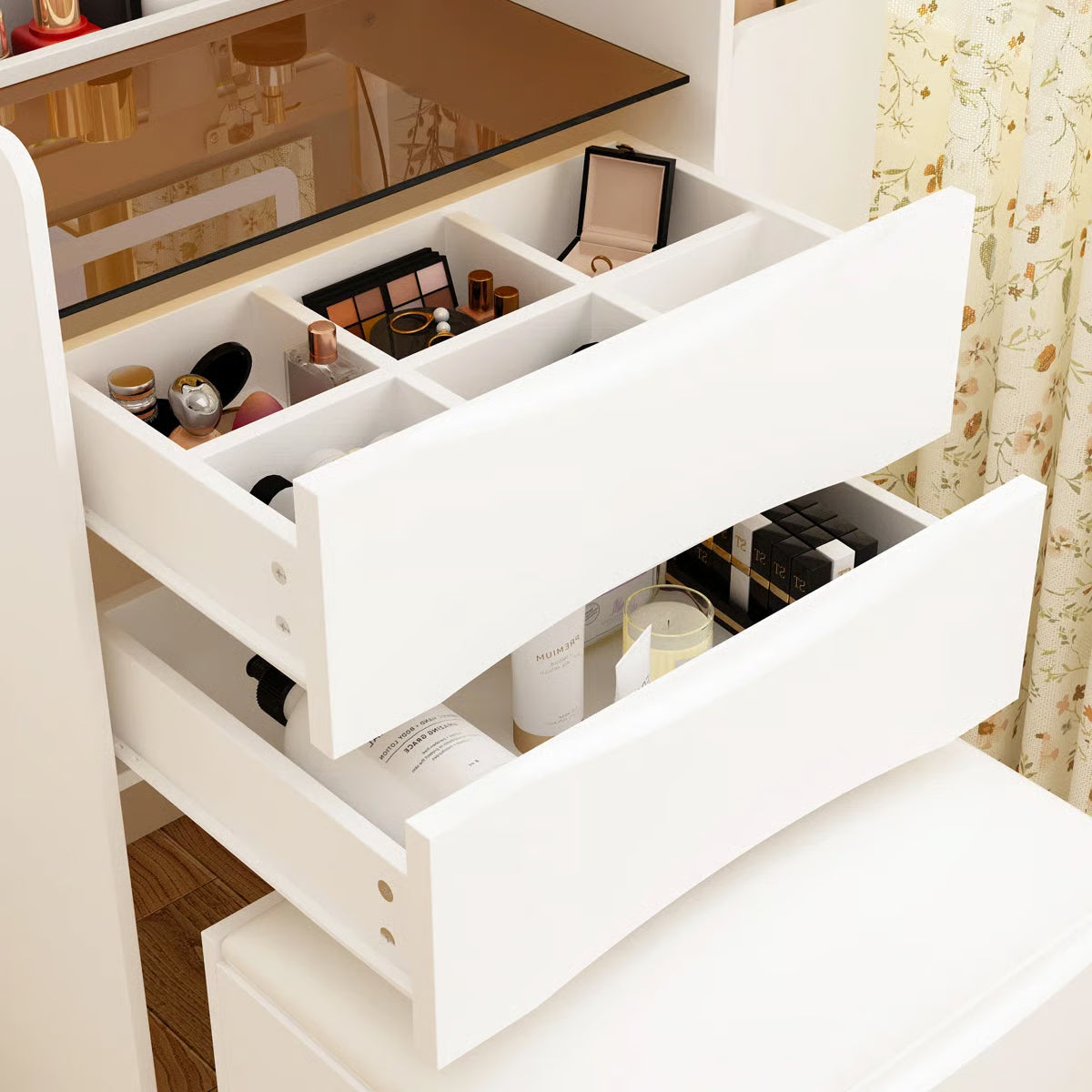 Space-Saving 3-in-1 Vanity Table – Flip Top Mirror and Side Cabinet Organizer