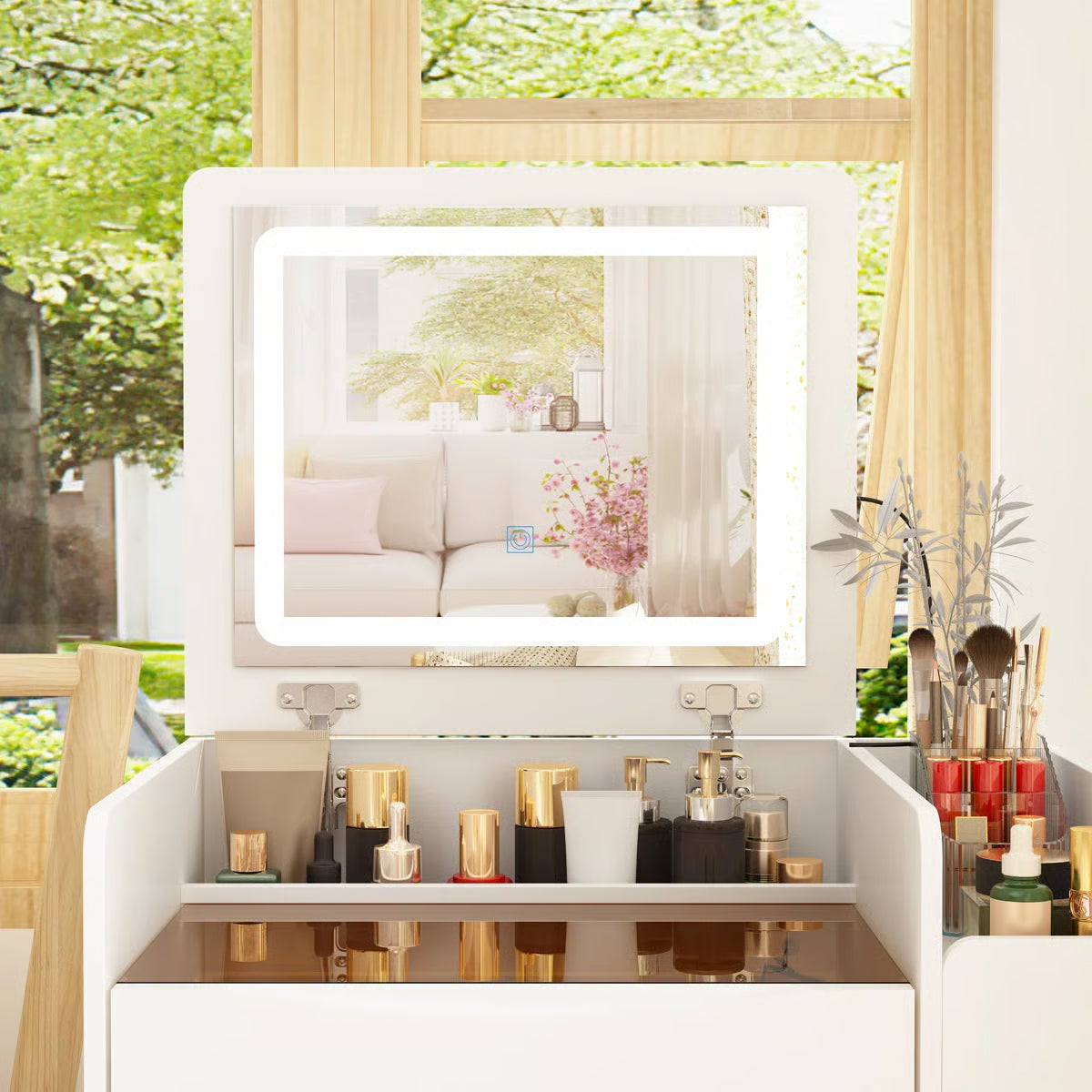 Space-Saving 3-in-1 Vanity Table – Flip Top Mirror and Side Cabinet Organizer