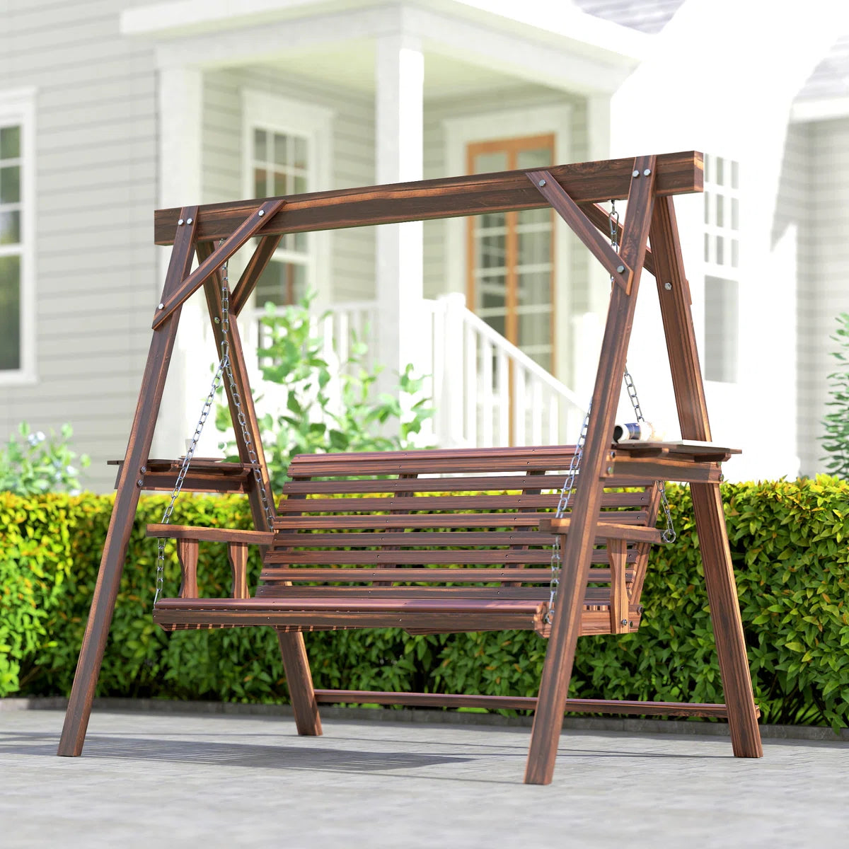 Ouch Cart 3-Seater Wooden Porch Swing with Side Tables – Outdoor Patio Garden Swing with A-Frame Stand