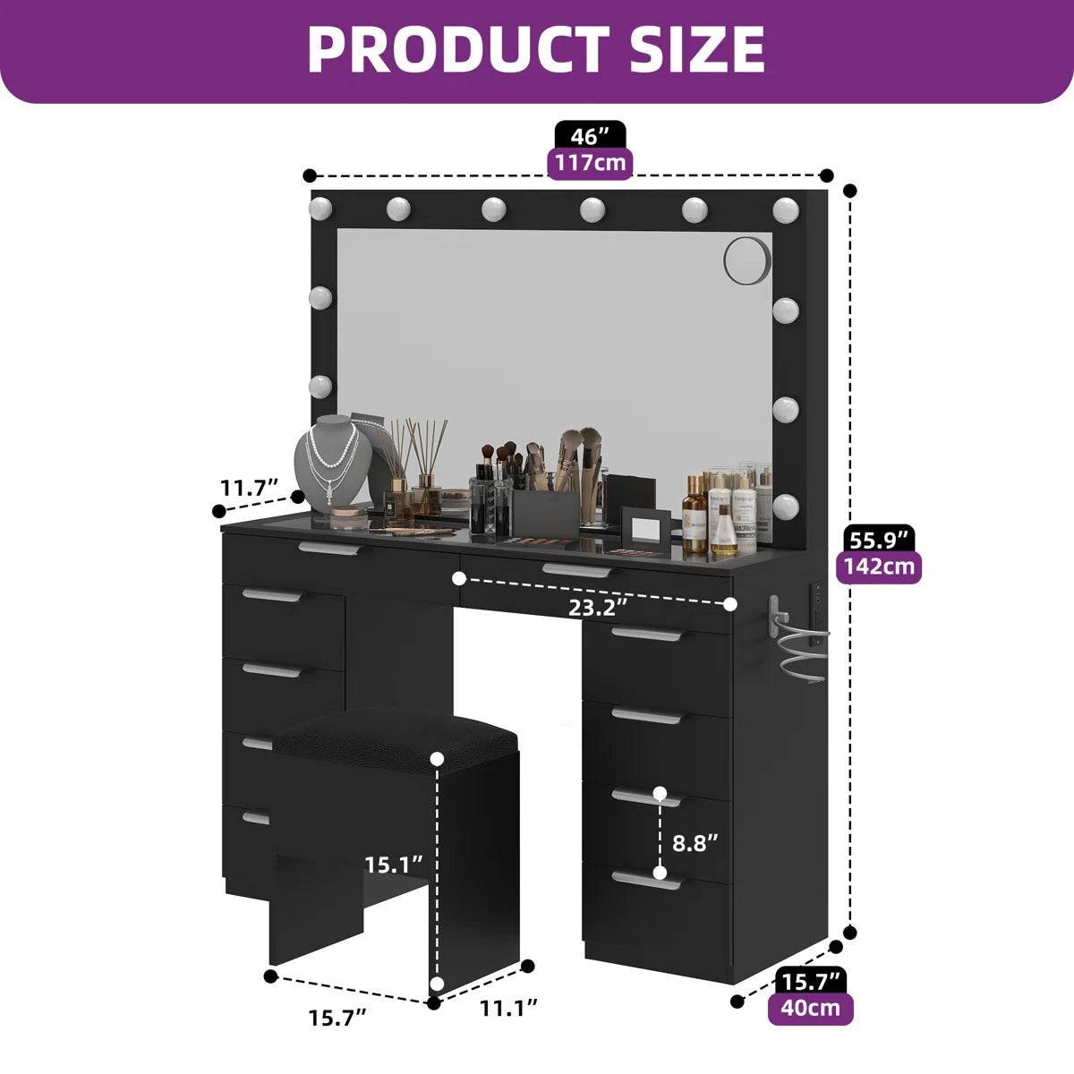 LED Makeup Vanity Desk with 3 Brightness Levels for Bedroom or Dressing Room-OUCH CART | Dressing table