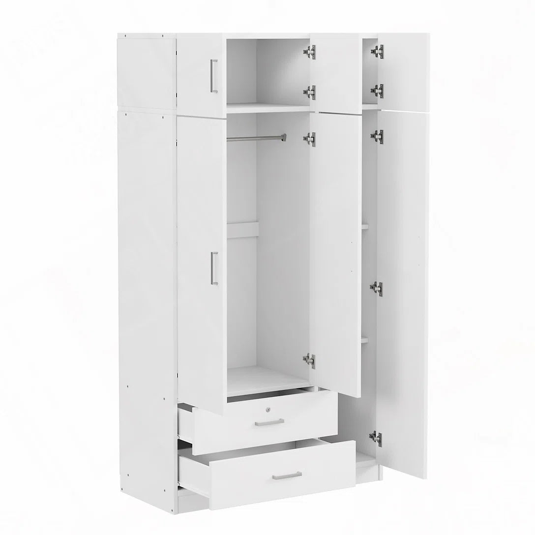 Izzat Solid Wood Wardrobe – Freestanding Armoire with Built-In Mirror & Top Cabinet-OUCH CART | Wardrobe