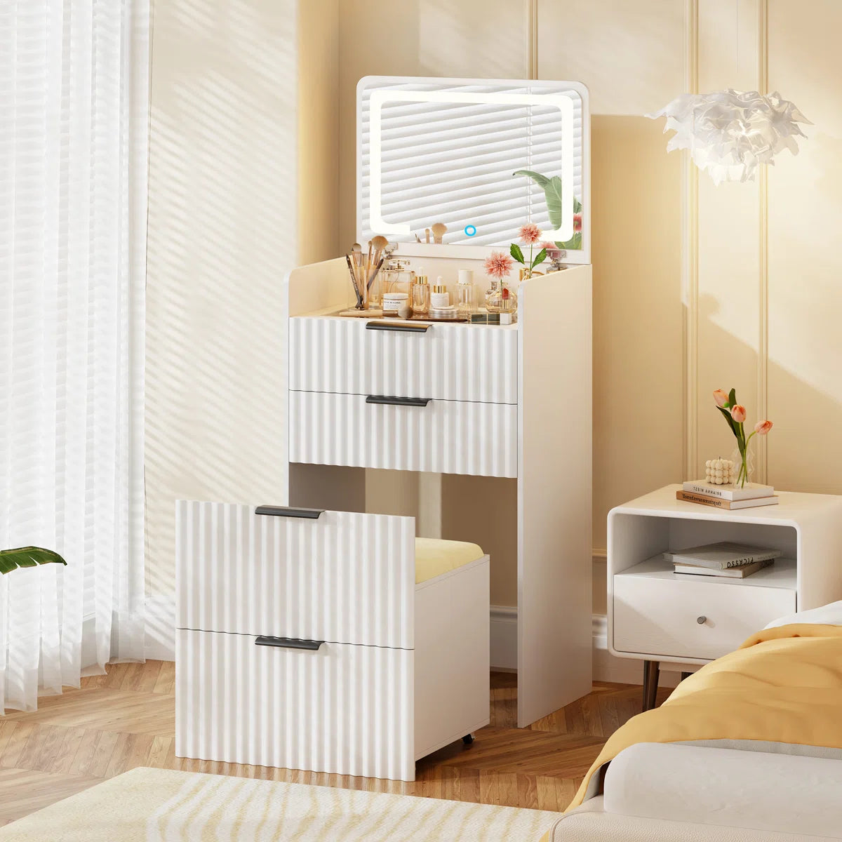 Space-Saving Vanity Desk with Flip-Up LED Mirror, Glass Drawer Storage, and Hidden Stool