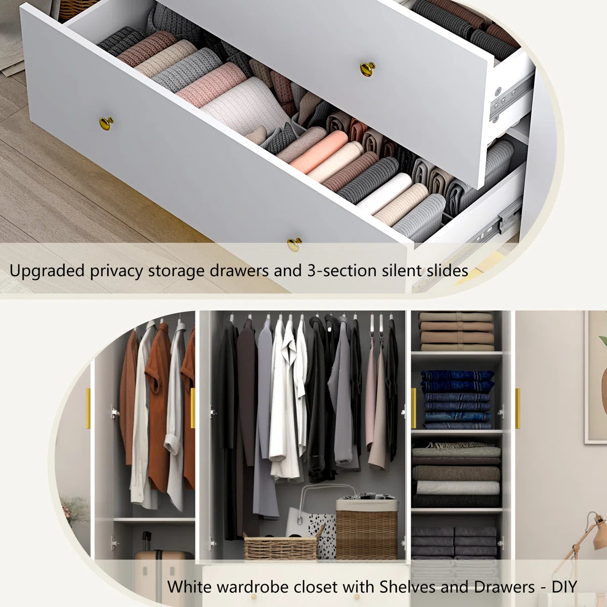 Elegant 4-Door Armoire Wardrobe Closet Mirror LED Light Drawers and Hanging Rod-OUCH CART | Wardrobe