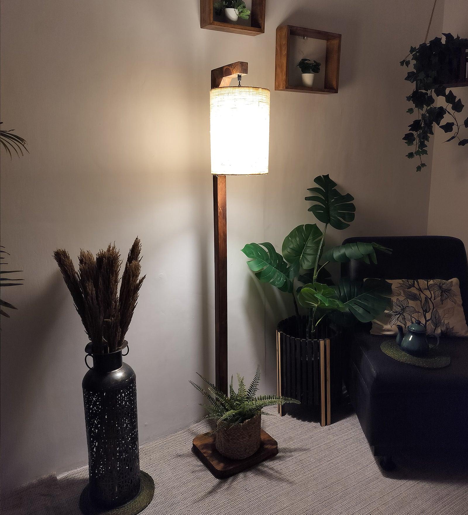 Elementary Wooden Floor Lamp with Brown Base and White Fabric Lampshade (BULB NOT INCLUDED) - Ouch Cart