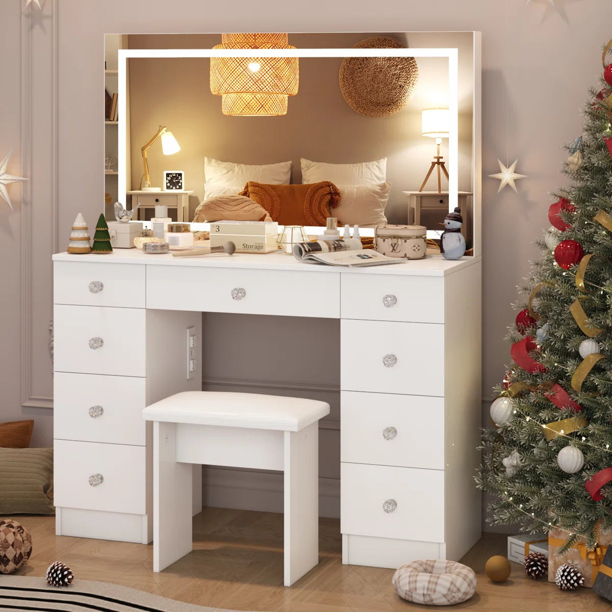 Greyden Lighted Vanity Set with LED Mirror, Diamond Handles on 9 Drawers, and Built-In Power Outlet- Ouch Cart | Dressing table