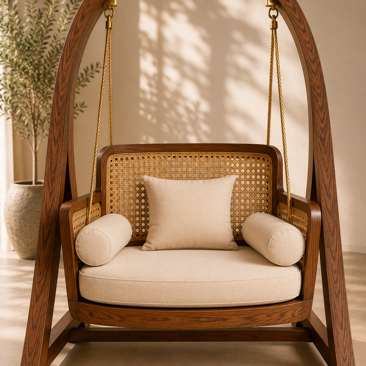 Wooden Hanging Swing Chair with Cushions – Stylish Indoor & Outdoor Lounge Swing OUCH CART