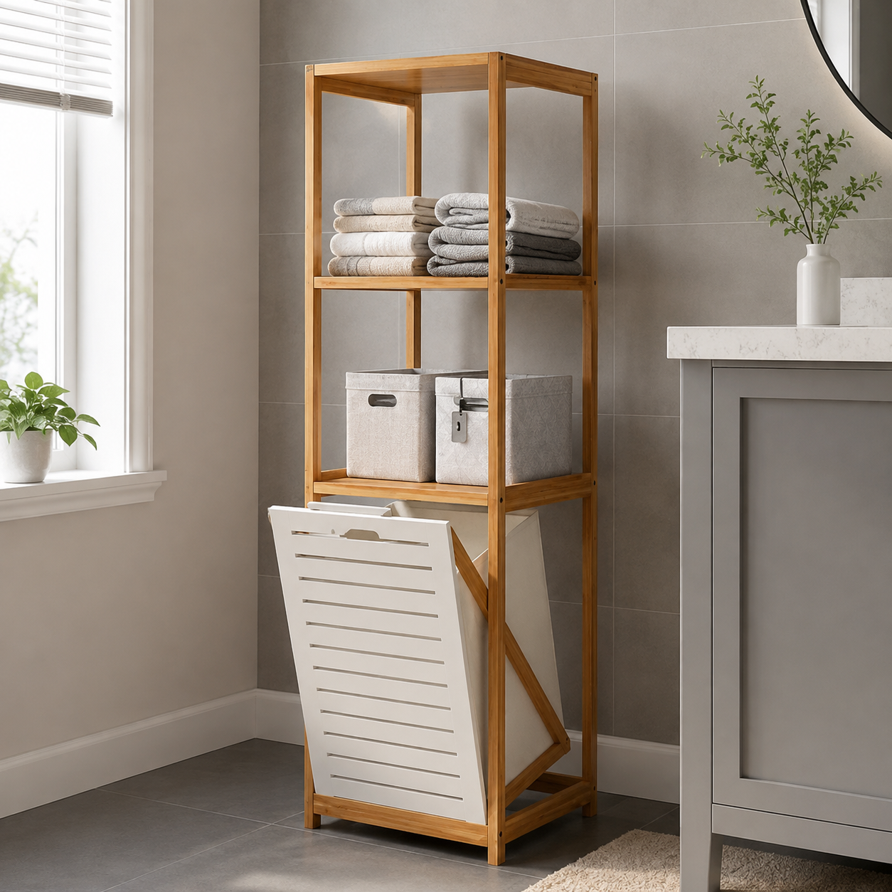 Ouch Cart Bamboo Bathroom Storage Shelf with Laundry Basket OUCH CART