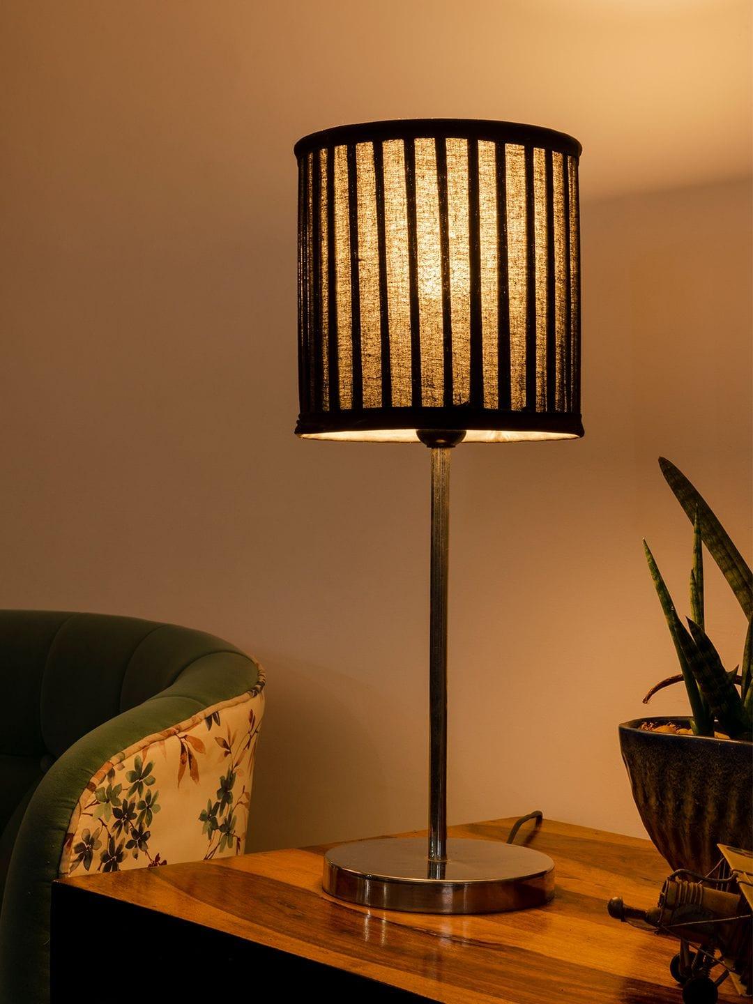 Metal Chrome Finish Lamp with Pleeted Cotton Black Shade - Ouch Cart