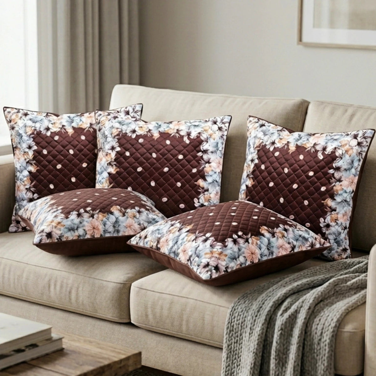 Premium Quilted Holland Velvet Cushion Covers, Coffee Floral, 16 x 16 Inch, Set of 5 OUCH CART