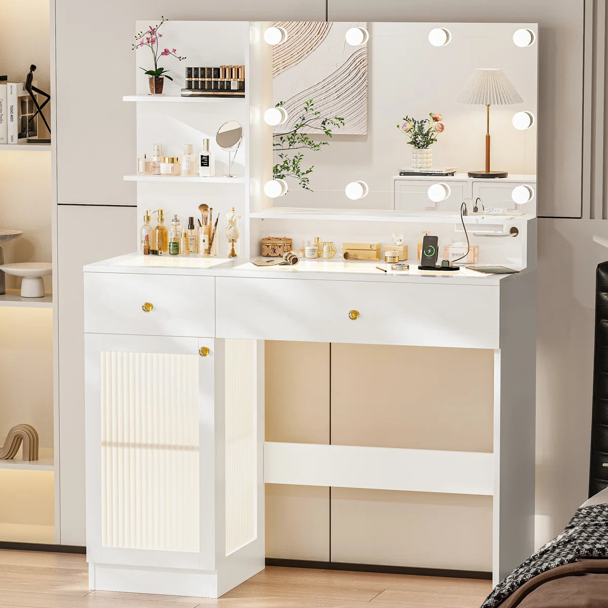 Modern 40" LED Makeup Vanity Table with Glass Top, Storage Drawers, Glass Cabinet, 3-Color Light Modes, and Power Outlet