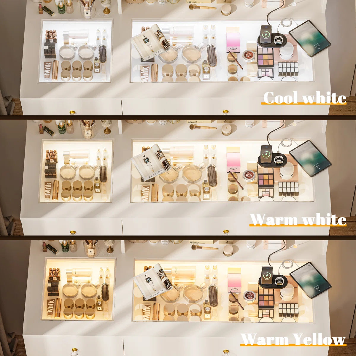 Modern 40" LED Makeup Vanity Table with Glass Top, Storage Drawers, Glass Cabinet, 3-Color Light Modes, and Power Outlet- OUCH CART | Dressing table