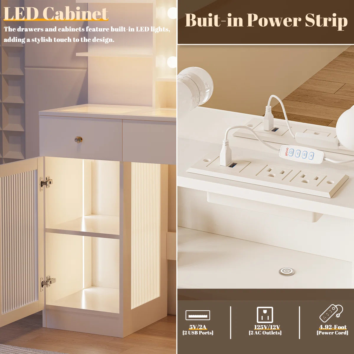 Modern 40" LED Makeup Vanity Table with Glass Top, Storage Drawers, Glass Cabinet, 3-Color Light Modes, and Power Outlet- OUCH CART | Dressing table