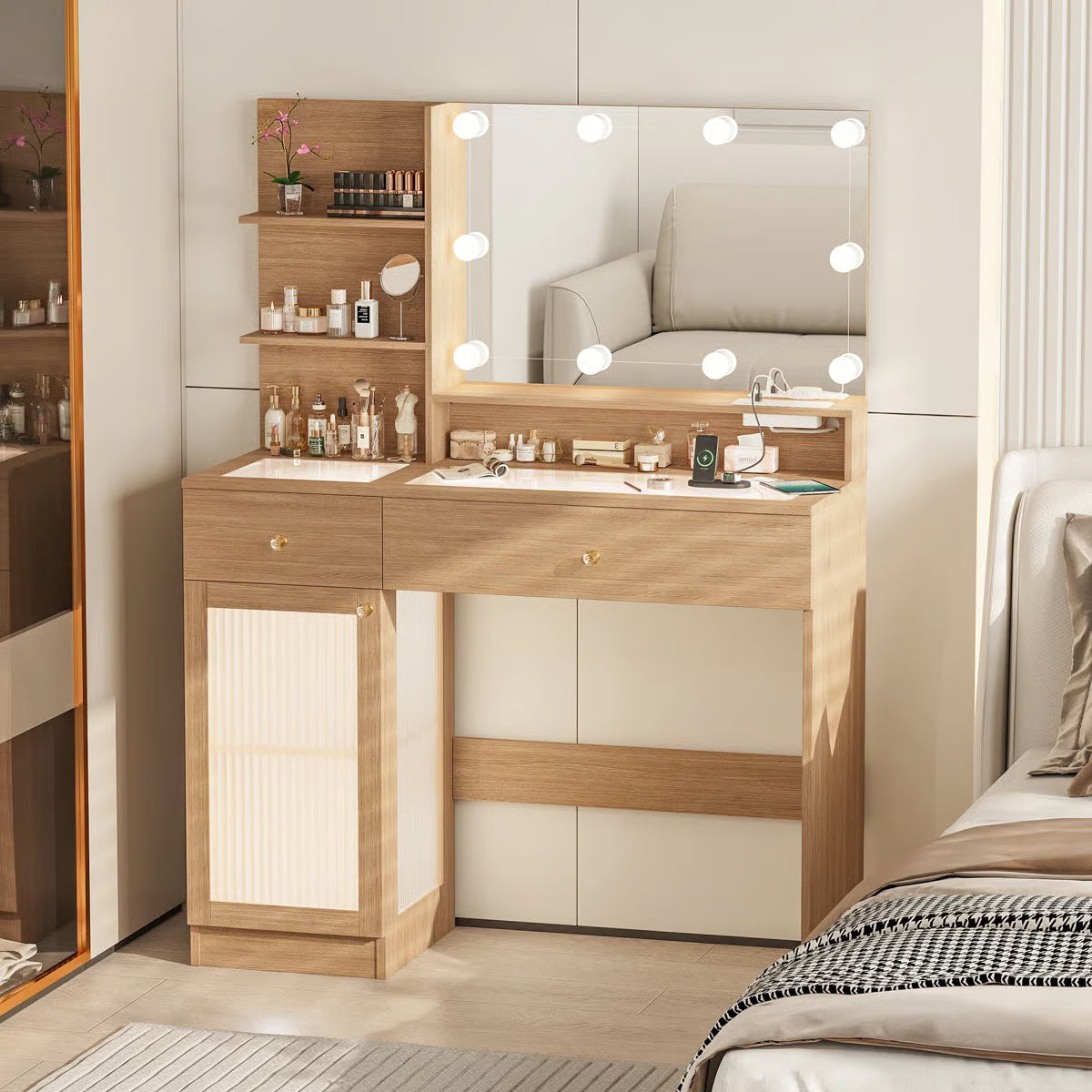 Modern 40" LED Makeup Vanity Table with Glass Top, Storage Drawers, Glass Cabinet, 3-Color Light Modes, and Power Outlet- OUCH CART | Dressing table