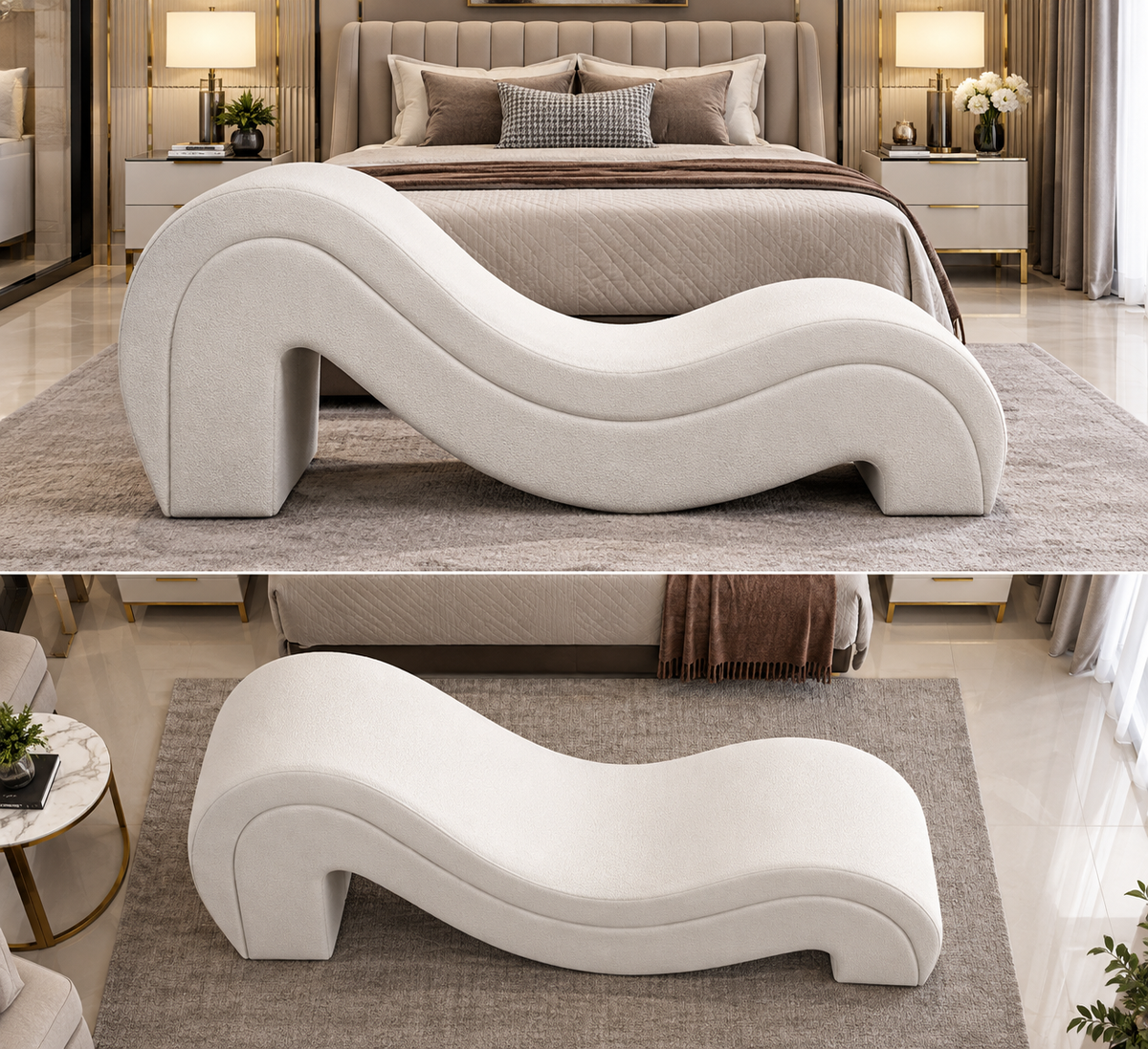 Luxury S-Shaped Chaise Lounge | Modern Cream Bouclé Daybed for Bedroom & Living Room OUCH CART