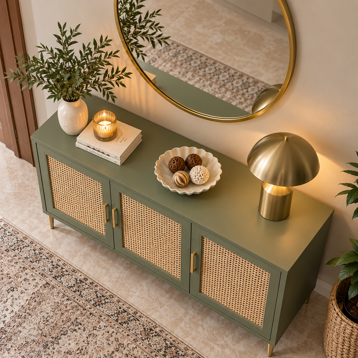 Modern Cane Sideboard Cabinet | Olive Green Storage Console with Rattan Doors & Brass Legs
