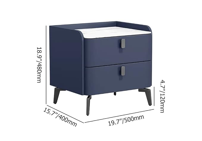 Ouch Cart Modern Blue Bedside Table with 2 Drawers & Marble Top – Top View
