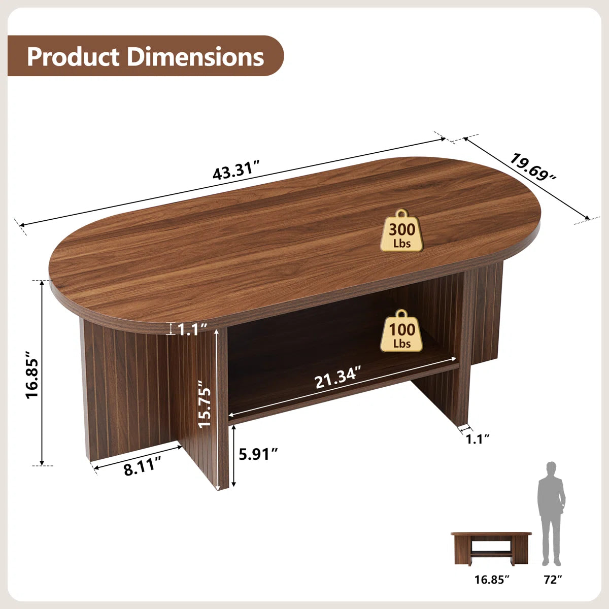 43.31'' Oval Shaped Coffee Table With Storage