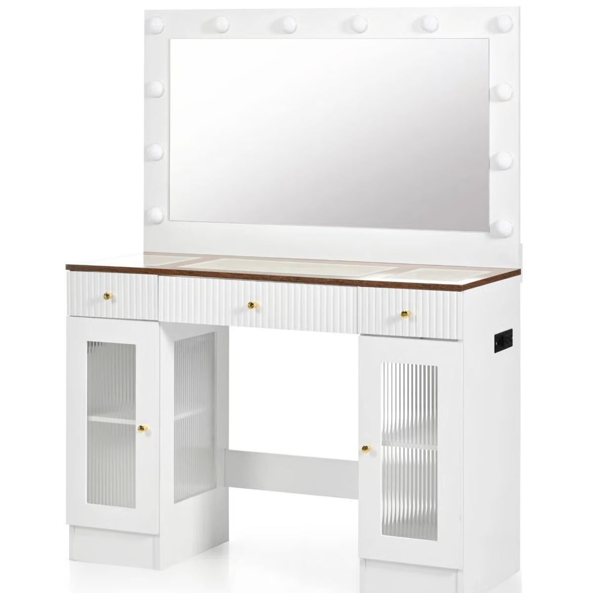 White 43.3'' Dressing Table with Large Mirror, 3-Color LED Lights, RGB Storage, and Power Outlet