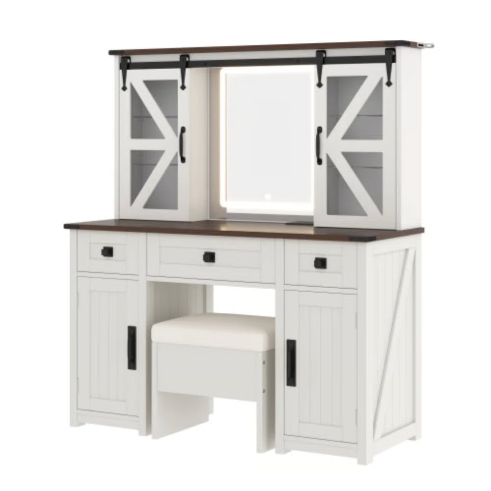 43.3" Beige Farmhouse Makeup Vanity – LED Mirror, Storage Stool & Charging Port-OUCH CART |Dressing table
